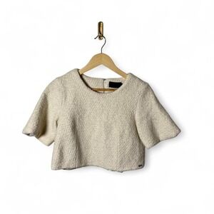 Line & Dot - Textured Cropped Top - Women's Medium - Ivory - Bouclé Short Sleeve
